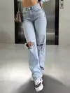 Denim feminino, calças retas rasgadas, cintura alta, ajuste fino, todos os fósforos, elástico, venda quente, novo, 2024