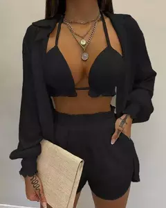 Fato de banho feminino de três peças, moda praia sexy, biquíni de cintura alta, maiô estampado, shorts para cobrir, moda praia de verão, novo 2024