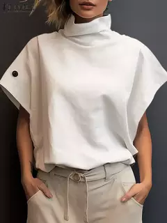 ZANZEA-Camisa feminina elegante de gola alta, blusa manga curta, casual, tops de escritório soltos, festa, moda verão, 2022 - Wolf Magazine