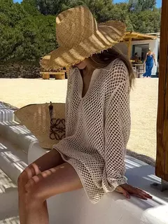 Mini vestido de malha praia de cor sólida feminino, sexy oco fora, maiô de manga comprida para cobrir, feriado Boho, moda praia solta, verão, K17