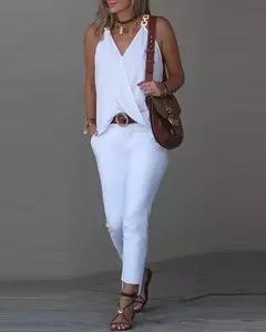 Camisola de alças sem mangas estampada listrada feminina, gola em v com fivela de metal, pulôver solto, blusa feminina, verão, 2024 - comprar online