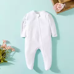 Pijama recém-nascido com zíper, macacão menina e menino, macacão manga comprida, roupa de algodão, moda branca sólida, 0-12 meses, primavera