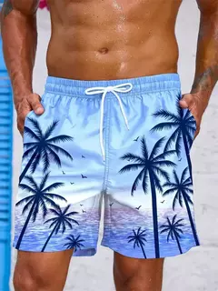 Calções gráficos de palma estampados em 3D masculino, calção de gelo solto, planta vintage, verão, calção de natação respirável havaiano