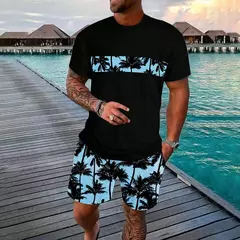 Conjunto de camiseta e shorts casuais masculinos, tops de praia estampados em 3D, moda streetwear, roupas esportivas, estilo havaiano, novo, 2 peças - loja online