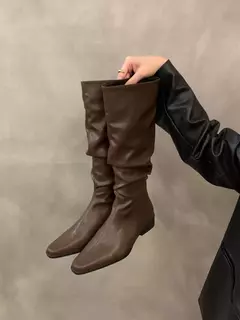 Botas altas para o joelho feminino, sapatos femininos, dobras deslizantes, salto baixo, dedo do pé redondo, plano, longo, moda, outono, inverno