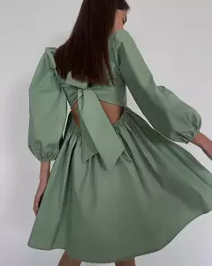 Vestido sem encosto sexy feminino com gola quadrada francesa, vestido bowknot, manga comprida solta, doce mini vestidos de festa, monocromático, novo, outono, 2024