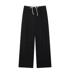 TRAFZA-Calça comprida com retalho feminino, Monocromática, Perna larga, Versátil, Casual, Calças soltas, Streetwear, Moda, 2024