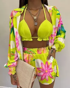 Fato de banho feminino de três peças, moda praia sexy, biquíni de cintura alta, maiô estampado, shorts para cobrir, moda praia de verão, novo 2024 - loja online