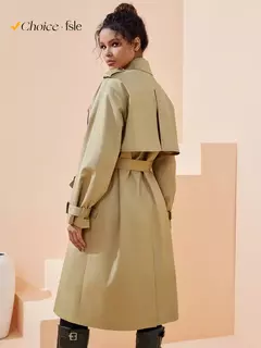 FSLE-Casaco de trincheira cáqui longo feminino, gola virada para baixo, manga cheia, 100% algodão, grandes dimensões, outono, 24FS11325 na internet
