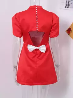 Mini vestido de nó de costas vermelho feminino, elegante com decote em O, manga curta, vestidos A, vestido feminino, nova moda, 2024 - comprar online