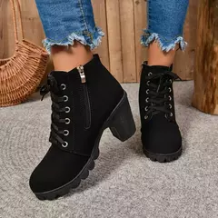 Botas de salto alto com renda para mulheres, plataforma de fivela, sapatos de couro artificial, moda feminina, 2024 na internet