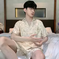 Conjunto de pijama de seda fino masculino, manga comprida e calça curta, pijama, calça para dormir