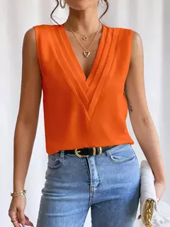 Moda feminina verão novo multi-nível com decote em v cor sólida regata camisa elegante feminino branco sem mangas blusa casual - loja online