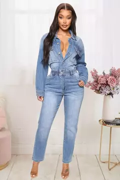 Macacão jeans de peito único feminino, macacão monocromático, macacão lavando bolsos, botão de rua alto, comprimento do tornozelo - loja online
