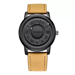 FOXBOX-Relógio de pulso masculino de quartzo magnético, ponteiro de rolagem criativo, relógio de couro genuíno na internet