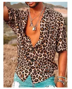 Camisa estampada de leopardo masculina, botão havaiano de manga curta diária, roupa casual confortável, novo, 2024