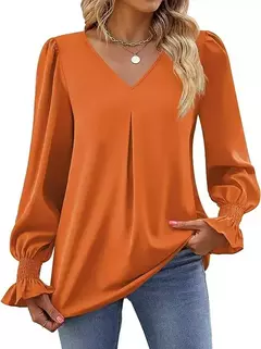 Imagem do Nova camisa feminina de chiffon de cor sólida com decote em v pulôver queimado manga comprida camisa superior senhora do escritório elegante cáqui blusas soltas