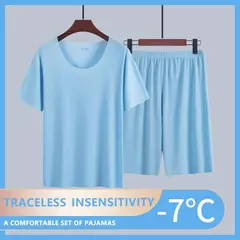 Verão pijamas masculinos terno fino gelo casa roupas traceless manga curta shorts em torno do pescoço casual roupas de verão