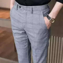 Xadrez masculino anti-rugas calças cortadas, roupas de grife casual, terno masculino reto, verão, fino, barato, designer, cheque, 9