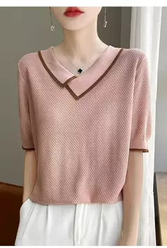 Camisa polo de malha de manga curta 100% lã pura, camiseta casual de lapela, camisa retrô fina, verão, 2024 - comprar online