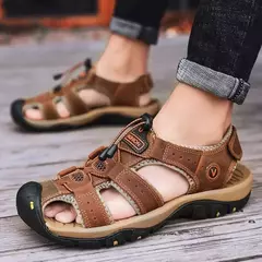 Sapatos masculinos casuais de couro genuíno, sandálias masculinas ao ar livre, sapatos romanos de praia, plus size 38-48, verão
