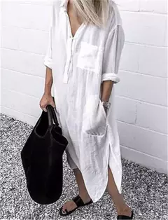 Vestido longo de linho de algodão feminino, branco, oversize, casual, simples, cor pura, divisão, praia, verão, elegante, S-4X - loja online