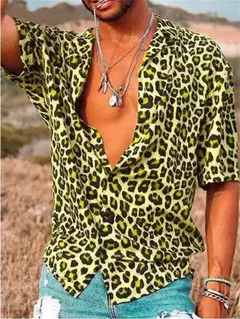Camisa estampada de leopardo masculina, botão havaiano de manga curta diária, roupa casual confortável, novo, 2024 - loja online