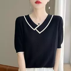 Camisa polo de malha de manga curta 100% lã pura, camiseta casual de lapela, camisa retrô fina, verão, 2024 na internet