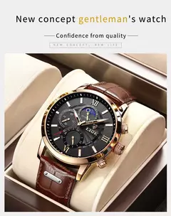 Imagem do LIGE-Relógio de quartzo de couro marrom de luxo masculino, relógio impermeável, relógios esportivos, marca superior, casual, novo, 2022