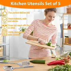 Utensílios de cozinha de aço inoxidável com alça ergonômica, Espátula resistente, Utensílios de colheres laváveis, Cozinha, 5pcs
