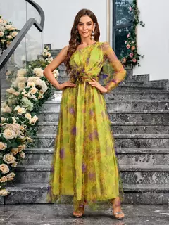 Vestido de noite tie-dye de um ombro feminino, vestido de baile formal, mangas de bolha de malha, bainha dividida, elegante - loja online