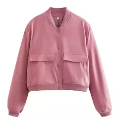 Jaqueta Bomber Cropped feminina, Casaco de manga comprida, Beisebol de botões, Casaco Aviador, Preto, Branco, Outono, Inverno