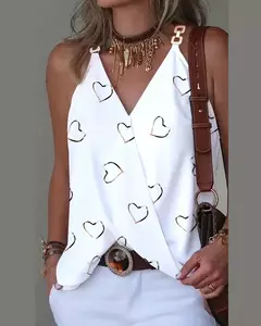 Camisola de alças sem mangas estampada listrada feminina, gola em v com fivela de metal, pulôver solto, blusa feminina, verão, 2024