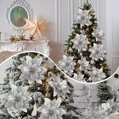 Flores artificiais de glitter para árvore de natal, ornamentos pendurados, flor falsa, lar, Natal, ano novo, presente, 2022, 2024 - loja online