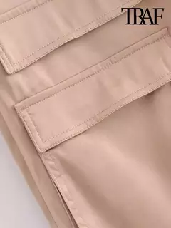 TRAF-Calça feminina de cetim cargo com bolsos, vintage, cintura alta, mosca com zíper, calça feminina, moda - loja online