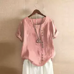 Top feminino de algodão e linho verão casual solto botão manga curta cor sólida pulôver blusa femme blusas