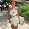 Vestido feminino de praia com alça curta, sexy oco malha sem encosto vestidos, padrão irregular, roupas de verão
