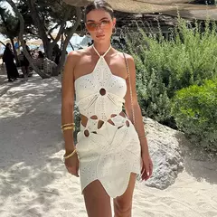 Vestido feminino de praia com alça curta, sexy oco malha sem encosto vestidos, padrão irregular, roupas de verão