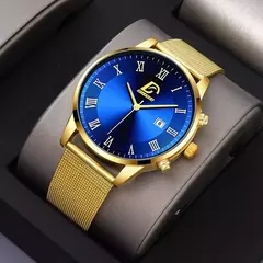 Homens de aço inoxidável malha cinto relógio de quartzo, calendário relógios, colar masculino, relógio de pulso, ouro, luxo, negócios, moda, 2pcs set - comprar online