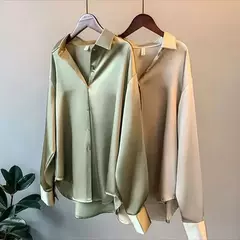 Blusa feminina de manga comprida de cetim vintage, camisa sedosa, blusa de escritório de trabalho, camisa casual feminina, outono