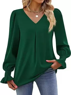 Nova camisa feminina de chiffon de cor sólida com decote em v pulôver queimado manga comprida camisa superior senhora do escritório elegante cáqui blusas soltas na internet