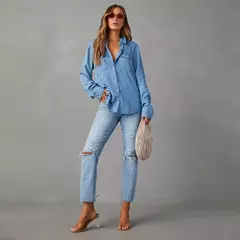 Camisas jeans soltas femininas, blusas monocromáticas, tops casuais, moda vintage, jovem feminina, verão, 2024