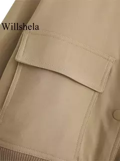 Willshela-Jaquetas bomber monocromáticas femininas, casaco com bolsos, decote em v, peito único, mangas compridas, roupas chiques para senhora, moda feminina - comprar online