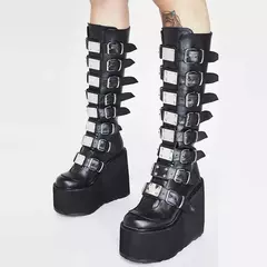 Cunhas plataforma de salto alto para mulheres, botas punk para senhoras, alça de fivela gótica, tubo longo, botas de couro feminino cosplay - comprar online