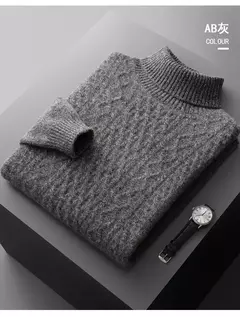 Pulôver Jacquard de cadeia dupla para homens, suéter de gola alta, camisa de fundo de malha 100% lã merino nova, outono e inverno - comprar online