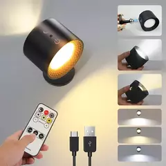 LED cabeça dupla lâmpada de parede com controle remoto, 360 ° Rotatable, USB Recarga, sem fio, portátil, Night Light para o quarto, lâmpada de leitura, Touch Control
