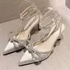 Sandálias de salto alto de cristal bowknot para mulheres, bomba strass, cinta no tornozelo, sapatos femininos de baile, moda, 2024