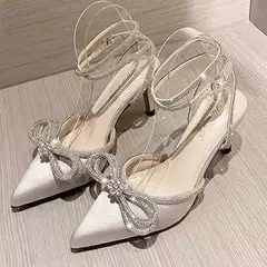 Sandálias de salto alto de cristal bowknot para mulheres, bomba strass, cinta no tornozelo, sapatos femininos de baile, moda, 2024 - comprar online