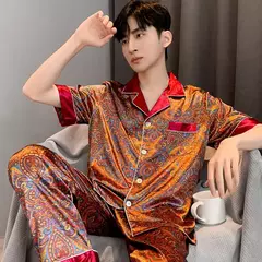 Conjunto de pijama de seda fino masculino, manga comprida e calça curta, pijama, calça para dormir - comprar online