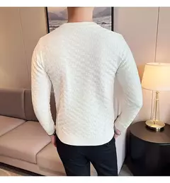 Outono inverno estiramento jacquard tecido o-pescoço camisola waffle masculina ajuste fino manga longa pullovers de malha casual streetwear homme